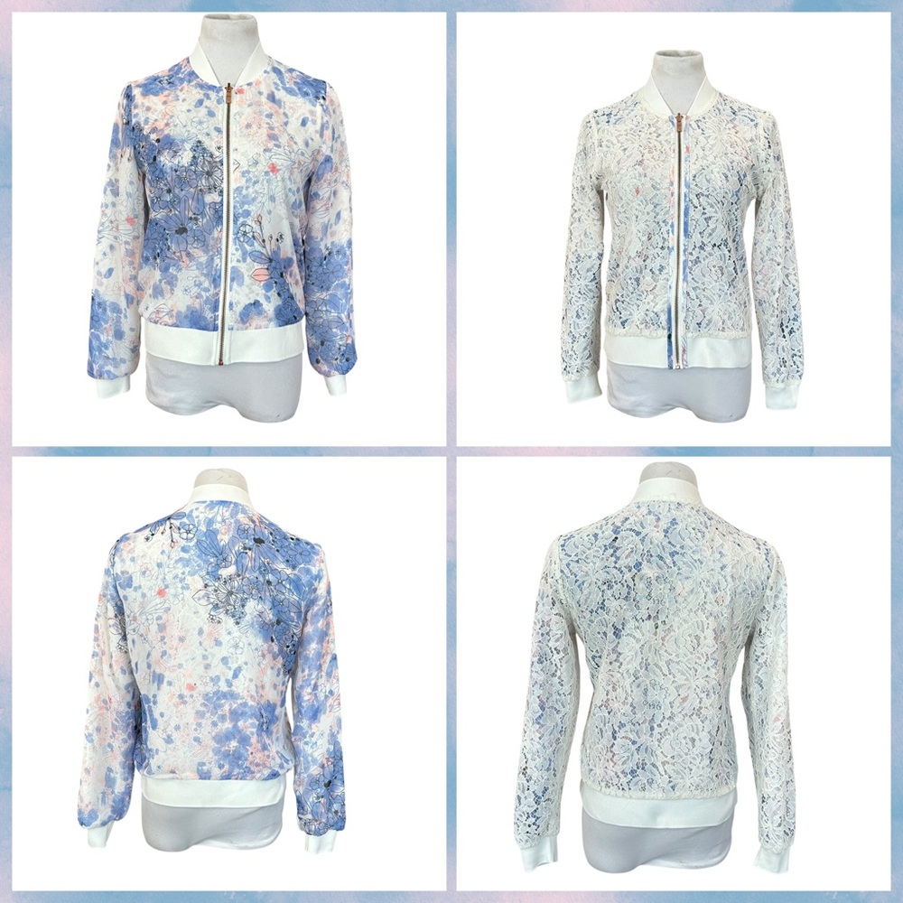 Candies Blue & White Floral Crochet Lace Reversible Bomber Jacket - Size Medium